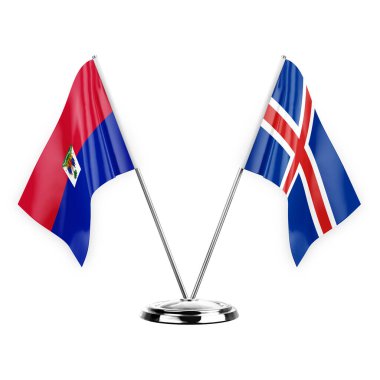 Two table flags isolated on white background 3d illustration, haiti and iceland