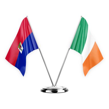 Two table flags isolated on white background 3d illustration, haiti and ireland