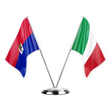 Two table flags isolated on white background 3d illustration, haiti and italy