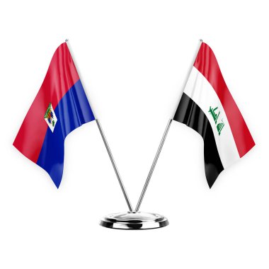 Two table flags isolated on white background 3d illustration, haiti and iraq