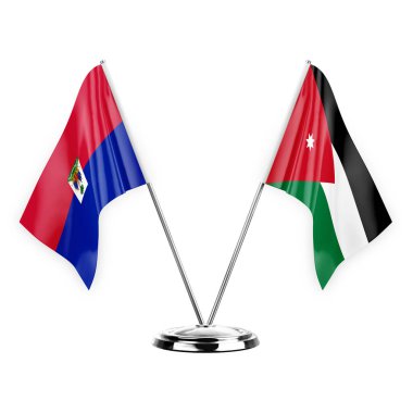Two table flags isolated on white background 3d illustration, haiti and jordan
