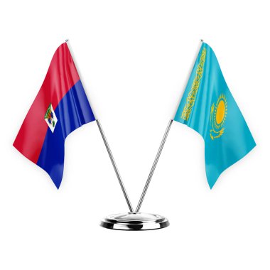 Two table flags isolated on white background 3d illustration, haiti and kazakhstan