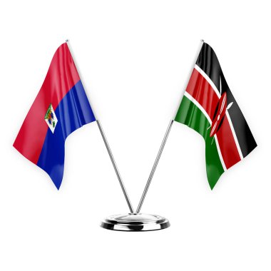 Two table flags isolated on white background 3d illustration, haiti and kenya