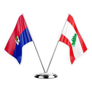 Two table flags isolated on white background 3d illustration, haiti and lebanon