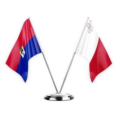 Two table flags isolated on white background 3d illustration, haiti and malta