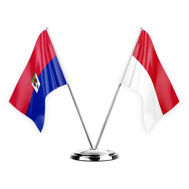 Two table flags isolated on white background 3d illustration, haiti and monaco