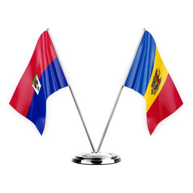 Two table flags isolated on white background 3d illustration, haiti and moldova