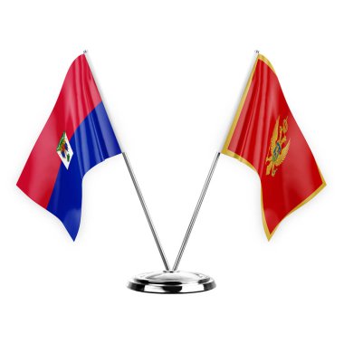 Two table flags isolated on white background 3d illustration, haiti and montenegro