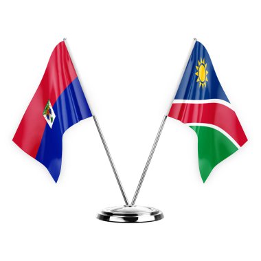Two table flags isolated on white background 3d illustration, haiti and namibia