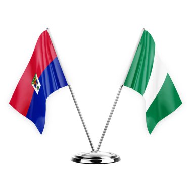 Two table flags isolated on white background 3d illustration, haiti and nigeria