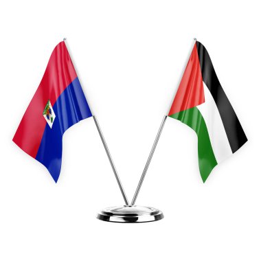 Two table flags isolated on white background 3d illustration, haiti and palestine