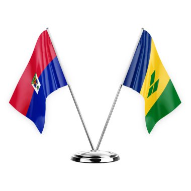 Two table flags isolated on white background 3d illustration, haiti and saint vincent and the grenadines