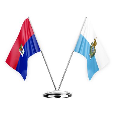 Two table flags isolated on white background 3d illustration, haiti and san marino
