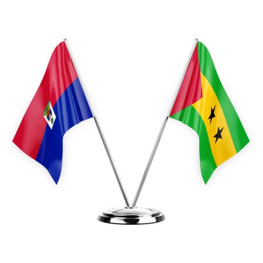 Two table flags isolated on white background 3d illustration, haiti and sao tome and principe