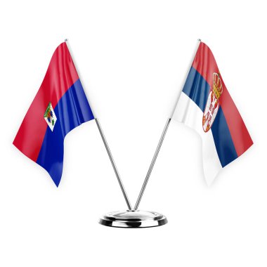 Two table flags isolated on white background 3d illustration, haiti and serbia