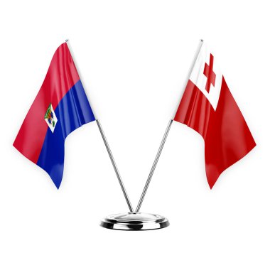 Two table flags isolated on white background 3d illustration, haiti and tonga