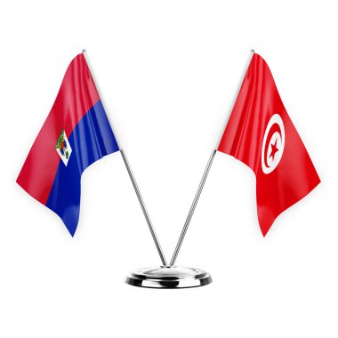 Two table flags isolated on white background 3d illustration, haiti and tunisia