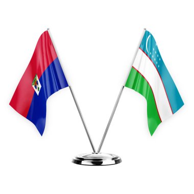 Two table flags isolated on white background 3d illustration, haiti and uzbekistan