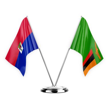 Two table flags isolated on white background 3d illustration, haiti and zambia