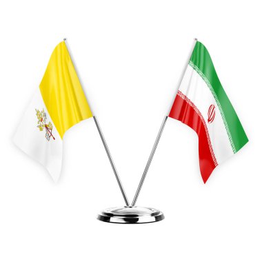 Two table flags isolated on white background 3d illustration, holy see and iran