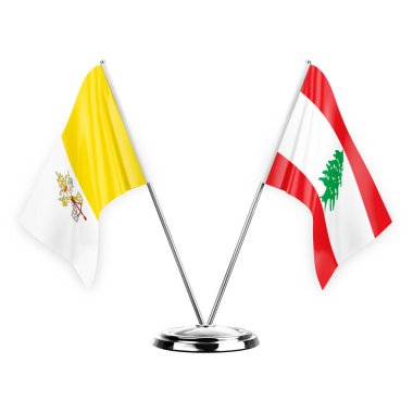 Two table flags isolated on white background 3d illustration, holy see and lebanon