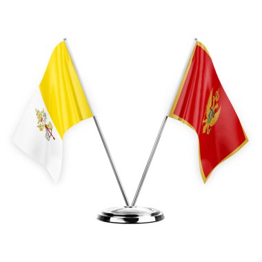 Two table flags isolated on white background 3d illustration, holy see and montenegro