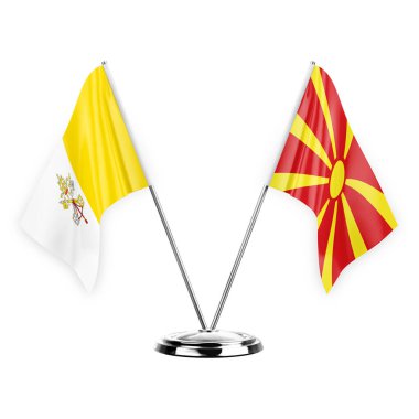 Two table flags isolated on white background 3d illustration, holy see and north macedonia