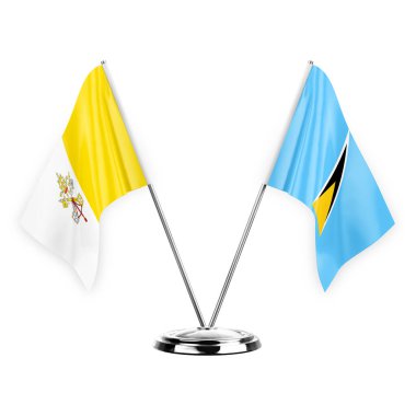 Two table flags isolated on white background 3d illustration, holy see and saint lucia