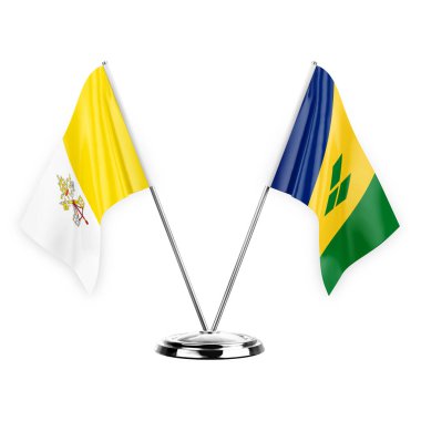 Two table flags isolated on white background 3d illustration, holy see and saint vincent and the grenadines