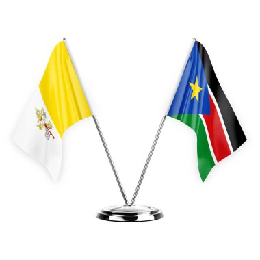 Two table flags isolated on white background 3d illustration, holy see and south sudan