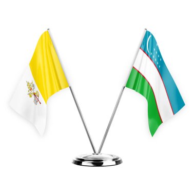 Two table flags isolated on white background 3d illustration, holy see and uzbekistan