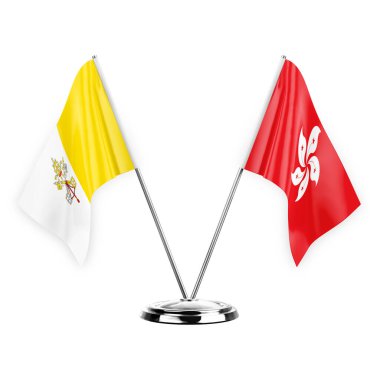 Two table flags isolated on white background 3d illustration, holy see and hong kong
