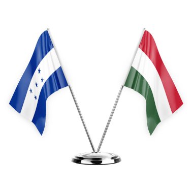 Two table flags isolated on white background 3d illustration, honduras and hungary