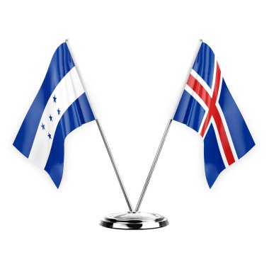 Two table flags isolated on white background 3d illustration, honduras and iceland