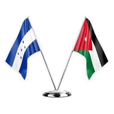 Two table flags isolated on white background 3d illustration, honduras and jordan