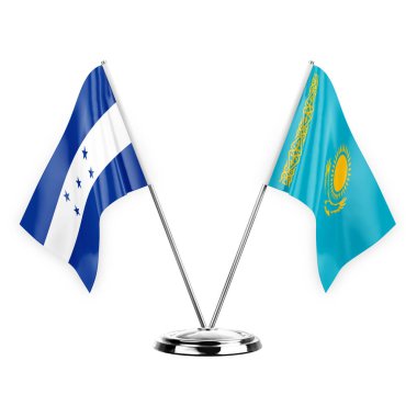 Two table flags isolated on white background 3d illustration, honduras and kazakhstan