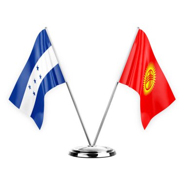 Two table flags isolated on white background 3d illustration, honduras and kyrgyzstan