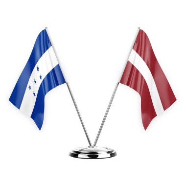 Two table flags isolated on white background 3d illustration, honduras and latvia