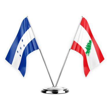Two table flags isolated on white background 3d illustration, honduras and lebanon