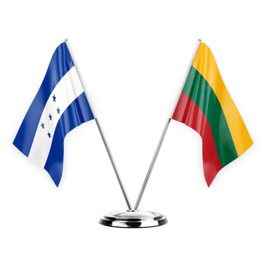 Two table flags isolated on white background 3d illustration, honduras and lithuania