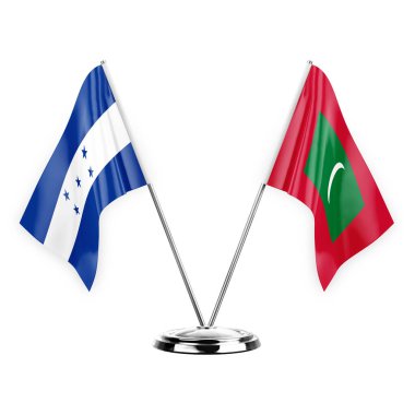 Two table flags isolated on white background 3d illustration, honduras and maldives