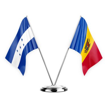 Two table flags isolated on white background 3d illustration, honduras and moldova