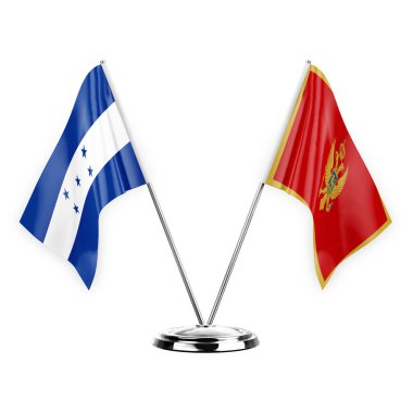 Two table flags isolated on white background 3d illustration, honduras and montenegro
