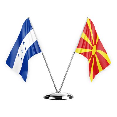 Two table flags isolated on white background 3d illustration, honduras and north macedonia