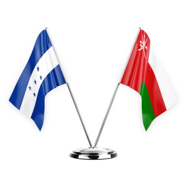 Two table flags isolated on white background 3d illustration, honduras and oman