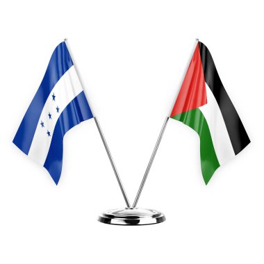 Two table flags isolated on white background 3d illustration, honduras and palestine