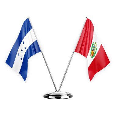 Two table flags isolated on white background 3d illustration, honduras and peru