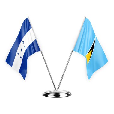 Two table flags isolated on white background 3d illustration, honduras and saint lucia