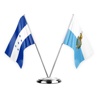 Two table flags isolated on white background 3d illustration, honduras and san marino