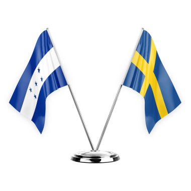 Two table flags isolated on white background 3d illustration, honduras and sweden